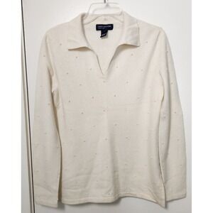 Jones New York Signature‎ Wool Angora Blend Ivory Sweater V-Neck Collar Pearls M